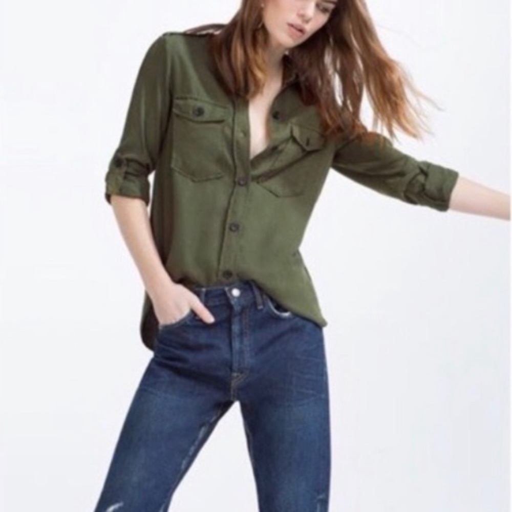 ZARA | Green Utility Button Down Shirt